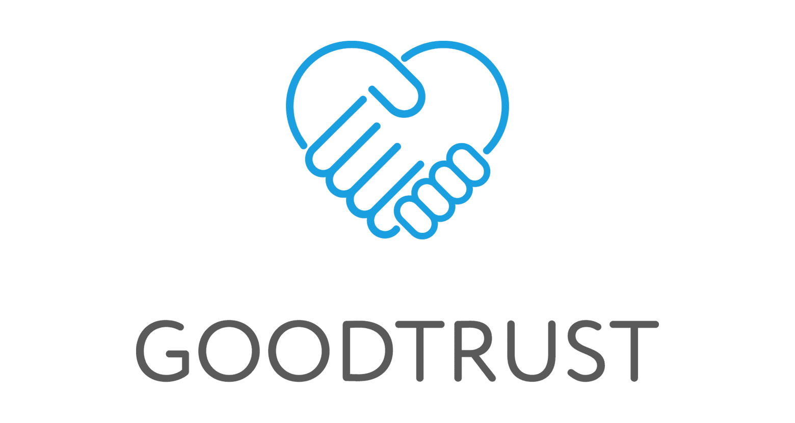 Logo with two blue hands shaking in the shape of a heart above the word "GOODTRUST" in uppercase gray letters.