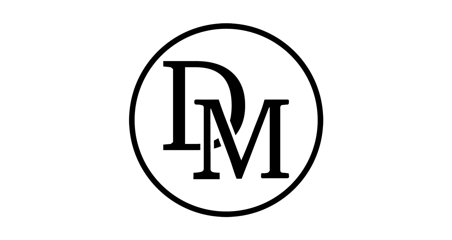 Black capital letters "D" and "M" overlap inside a black circle on a transparent background.