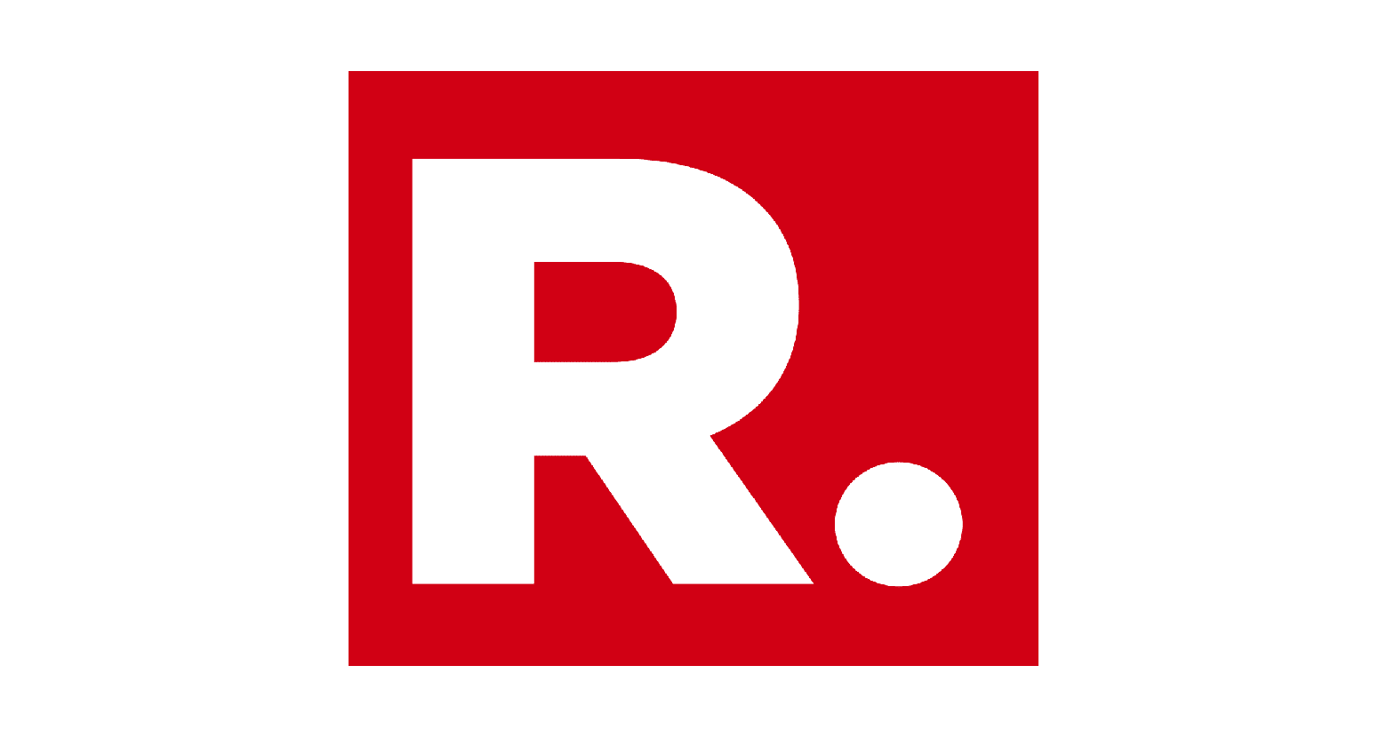 A white capital letter "R" followed by a period on a red square background.