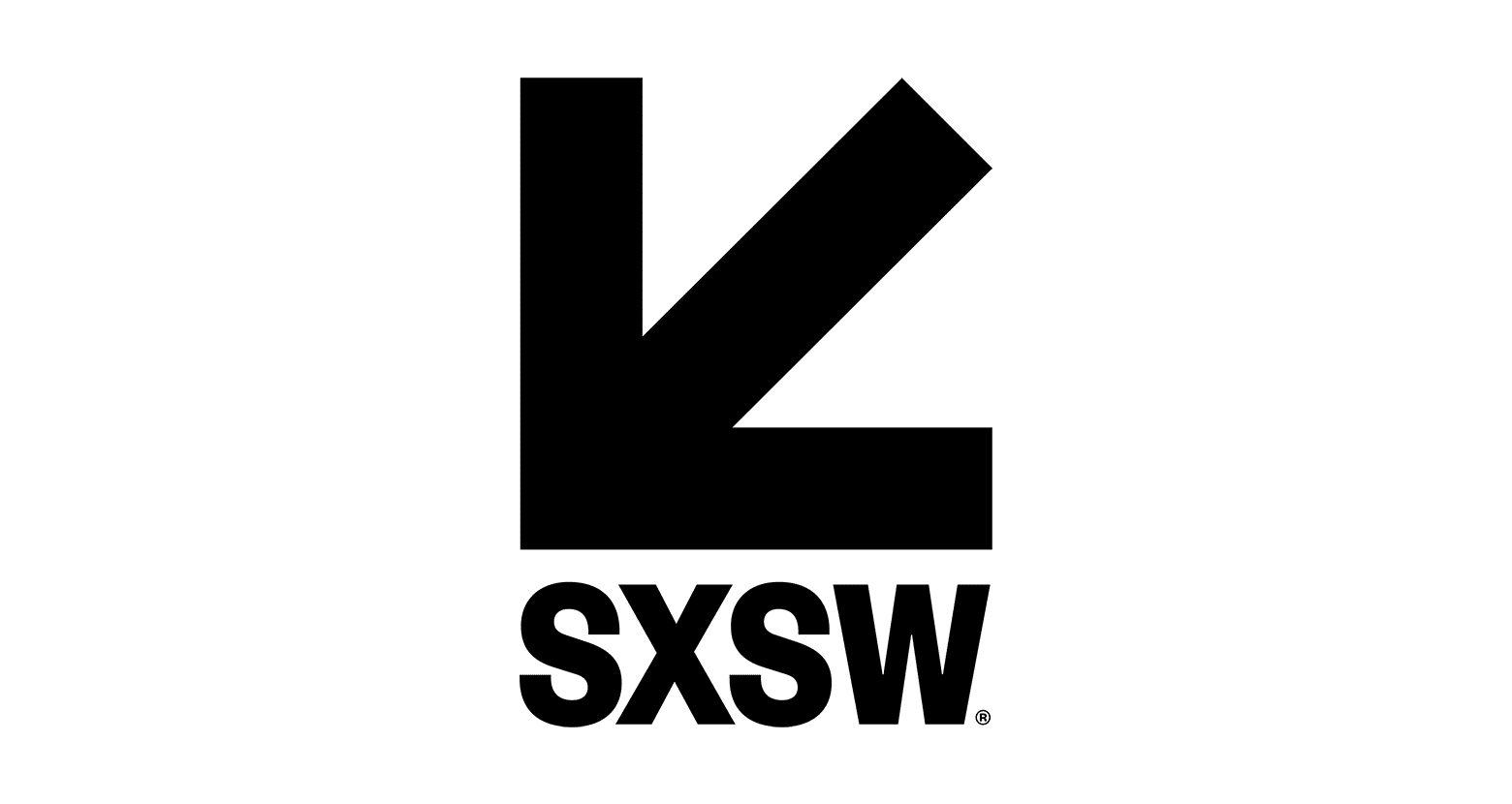 The image shows the black and white SXSW logo with a bold, abstract arrow design above the letters “SXSW.”.