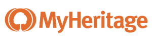 MyHeritage logo featuring an orange stylized tree ring symbol to the left of the orange text "MyHeritage" on a transparent background.