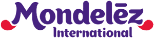 Mondelēz International logo with purple text and red accent dots on a transparent background.