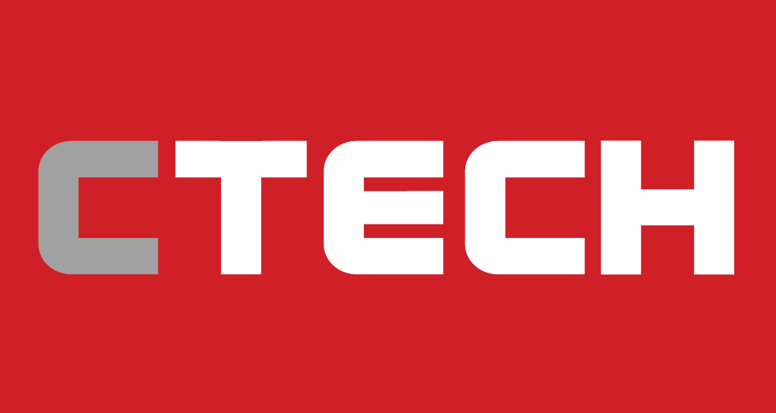 Logo with the text "CTECH" in bold letters; the "C" is gray, and "TECH" is white on a red background, representing CTech: d-id avatars like Biden and Trump.