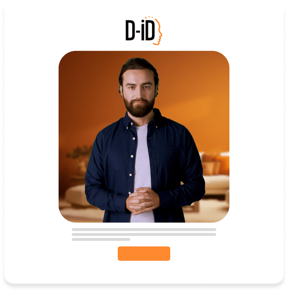 A bearded man with headphones stands in front of an orange background, facing the camera, with the D-ID logo above him.