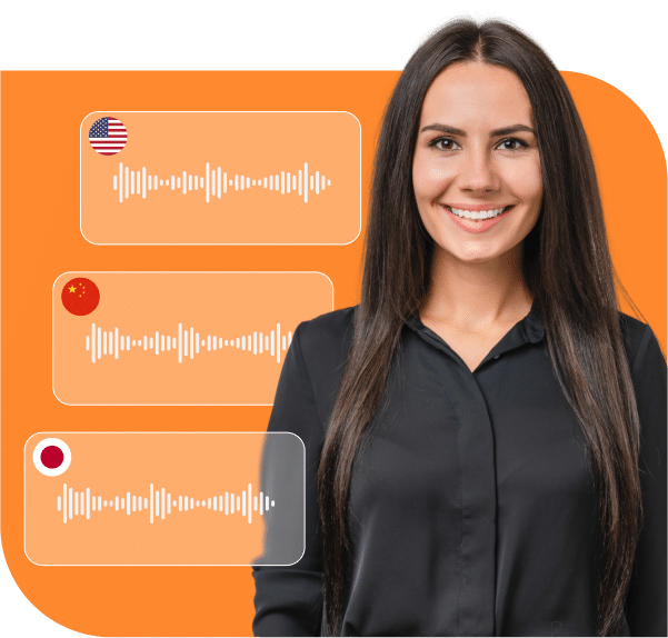 A woman in a black shirt stands in front of audio waveform graphics with US, Chinese, and Japanese flags, suggesting language translation or voice recordings.