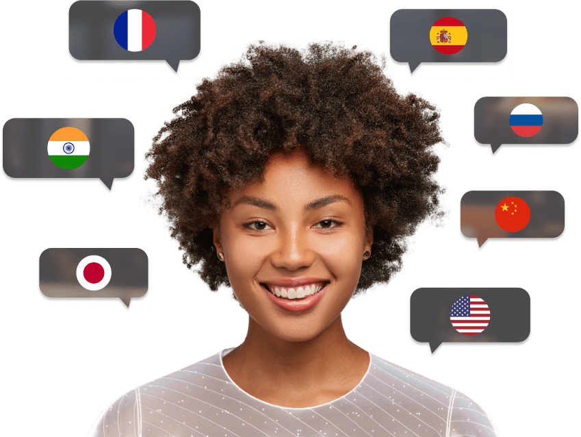 A woman smiles in front of speech bubbles displaying flags of France, Spain, Russia, the USA, China, Japan, and India, suggesting multilingual communication.