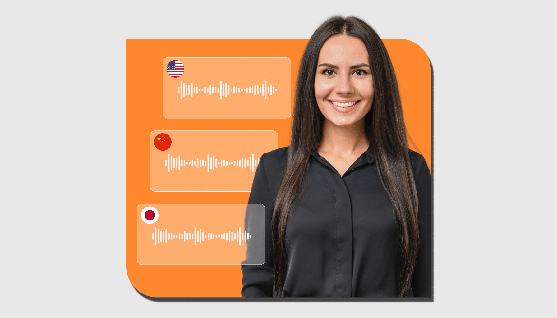 A woman in a black shirt stands before an orange background displaying audio message icons with US, Chinese, and Japanese flags, highlighting the power of D-ID Video Translate for personalized video emails.