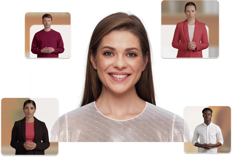 A woman smiling in the center, surrounded by four people in individual frames, each facing forward and wearing business attire—perfect for internal communications video or corporate communication videos.