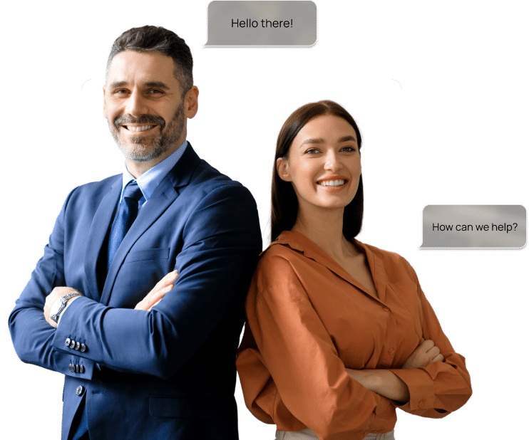 A man in a blue suit and a woman in a brown blouse stand back to back, both smiling. Speech bubbles say, "Hello there!" and "How can we help?"—perfect for internal communications video scenarios.