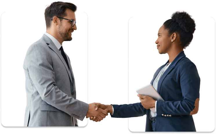 A man and a woman dressed in business attire shake hands while facing each other; the woman holds a tablet, highlighting how D-ID Sales Solutions can personalize videos for effective internal communications.