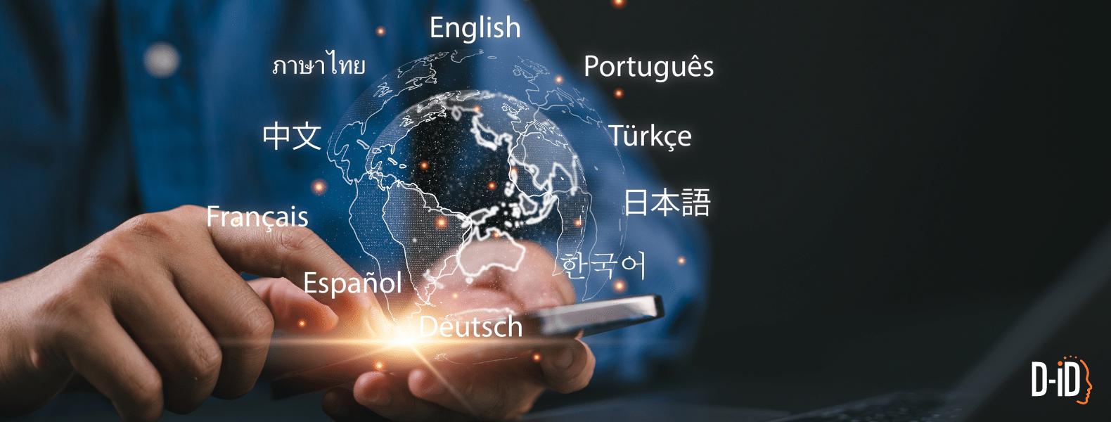 Person using a smartphone with a digital globe overlay, displaying "hello" in multiple languages, highlighting the power of AI video translation to seamlessly connect users across cultures.