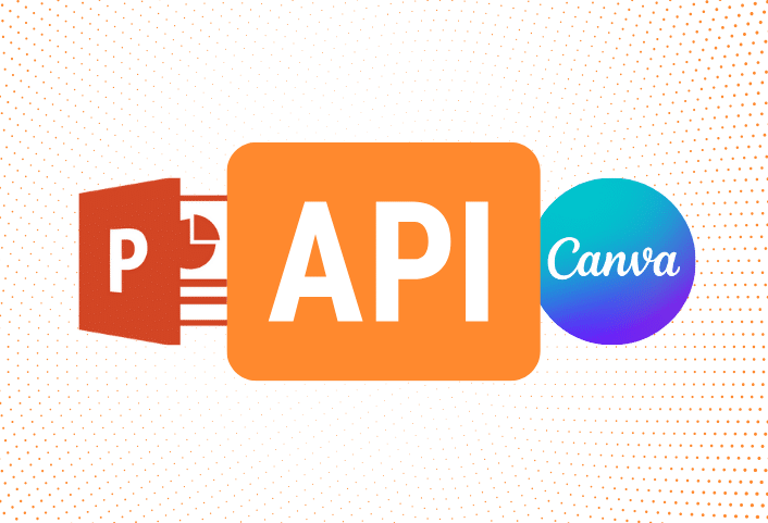Logos of PowerPoint, an API, and Canva are shown side by side, suggesting integration or connection between the three platforms.
