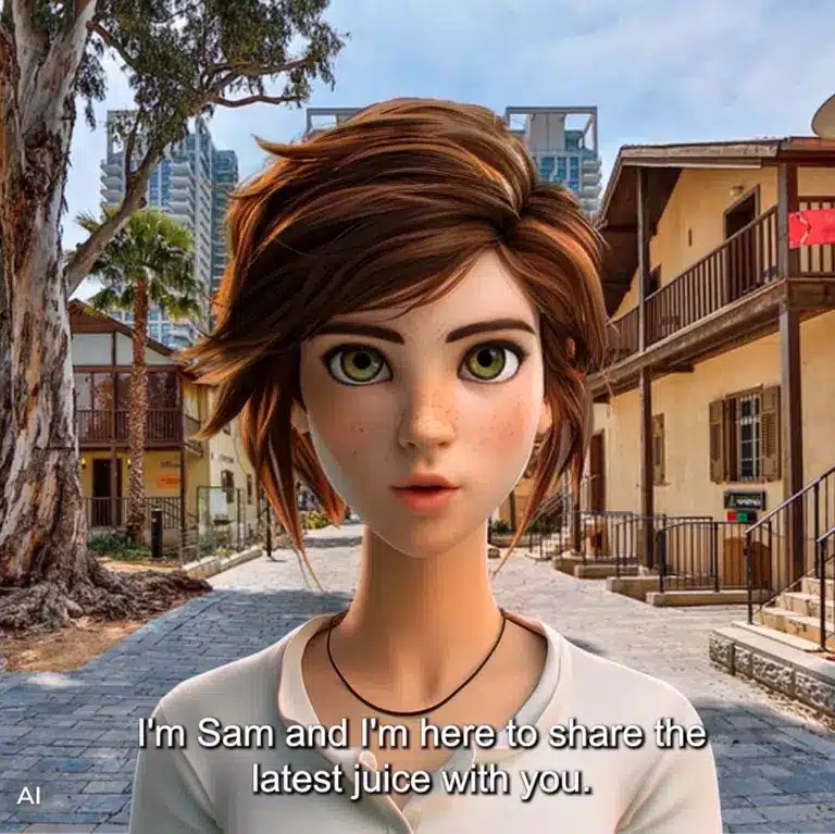 Animated woman with short brown hair stands on a cobblestone street, with buildings and palm trees in the background. Text reads: "I'm Sam and I'm here to share the latest juice with you.
