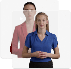 A woman in a blue blouse stands in the foreground, while another woman in a red blazer appears blurred in the background—capturing a dynamic scene often found in ai marketing campaigns.