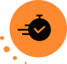 Black stopwatch icon with speed lines and a checkmark on an orange circle background, with small orange dots trailing to the left—ideal for illustrating D-ID Alternatives compared to other AI video solutions.