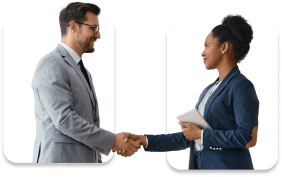 A man and a woman in business attire shake hands, both appearing professional and holding documents, as they discuss potential Marketing Solutions in an advanced marketing suite.