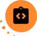 Black clipboard with code brackets icon centered on an orange circle background, with smaller orange dots on the left side—perfect for illustrating D-ID Alternatives compared to other AI video solutions.