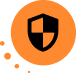 A black shield divided into four quadrants on an orange circular background with four small dots on the left side, resembling icons seen in D-ID alternatives when compared to other AI video solutions.