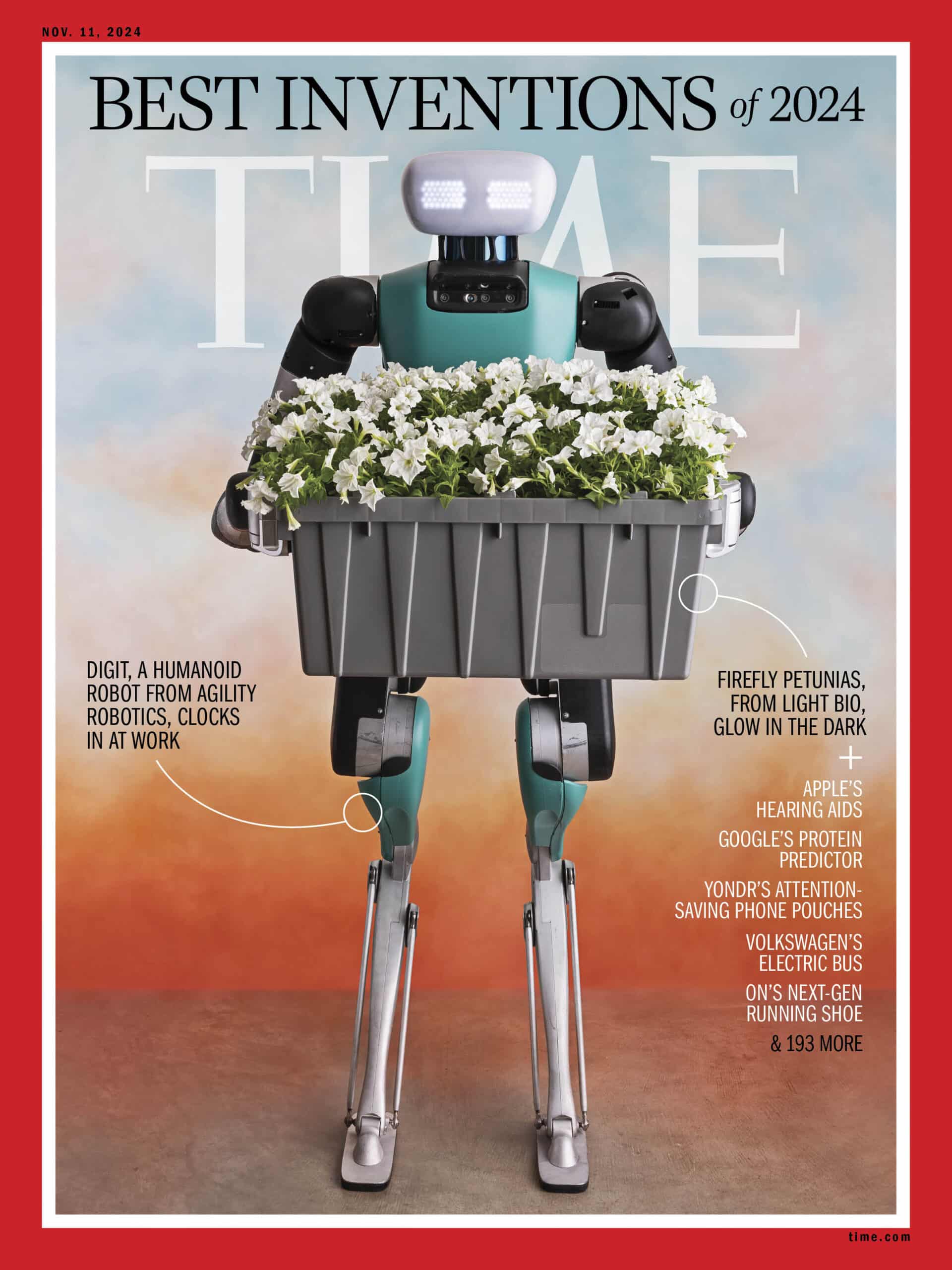 A humanoid robot named Digit holds a planter of white flowers on the cover of Time, celebrating TIME Best Inventions 2024.