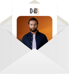 An envelope containing a card with a photo of a man against an orange background and a "D-ID" logo at the top—perfect for ai marketing or enhancing your marketing videos.
