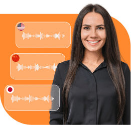Woman standing and smiling in front of a graphic showing audio message icons with USA, China, and Japan flags, highlighting language options for creating marketing videos using AI marketing tools.