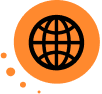 Black globe icon inside an orange circle with three small orange dots to the left, perfect for representing global access to Premium plus Avatars.