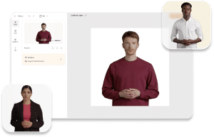 A computer screen displays a video editing interface with a man in a red sweater, ideal for creating marketing videos. Smaller images of a woman and a man are shown in the corners, helping personalize videos for Marketing Solutions.