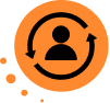 Black silhouette of a person inside a circular arrow on an orange background, representing user synchronization or account update—perfect for marketing suite dashboards to personalize videos and enhance your marketing videos workflow.