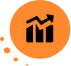 Black chart icon with an upward arrow inside an orange circle, representing growth or progress, ideal for marketing suite visuals, with smaller orange circles to the lower left.