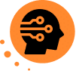Black silhouette of a human head with electronic circuit lines inside, set against an orange circle with three small dots—an image symbolizing D-ID Alternatives compared to other AI video solutions.