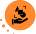 Black hand holding geometric shapes—triangle, square, and circle—inside an orange circle background with small orange dots on the left side, representing D-ID Alternatives compared to other AI video solutions.