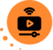 Black icon of a video player with a play button and Wi-Fi signal, inside an orange circle with small dots on the left—ideal for illustrating D-ID Alternatives compared to other AI video solutions.