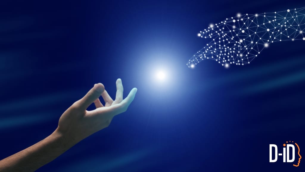 A human hand reaches toward a digital, wireframe hand against a blue background, symbolizing connection between humans and digital human AI. The D-ID logo is in the bottom right corner.