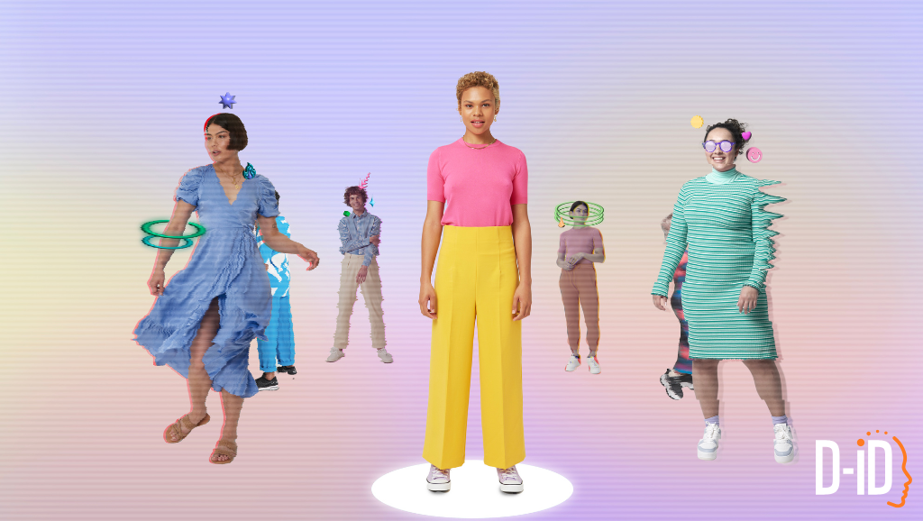 Five people stand against a pastel gradient background, each transformed by colorful and quirky digital effects—rings, lines, and shapes—highlighting the playful spirit of a personalized avatar app.