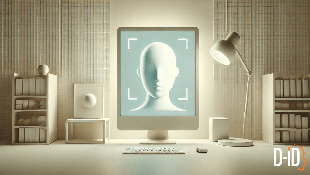 A computer screen displays a generic human face icon with a focus frame, set on a modern desk with shelves, lamp, and keyboard in a neutral-toned office. The D-ID logo highlights the use of a synthetic video generator in the corner.