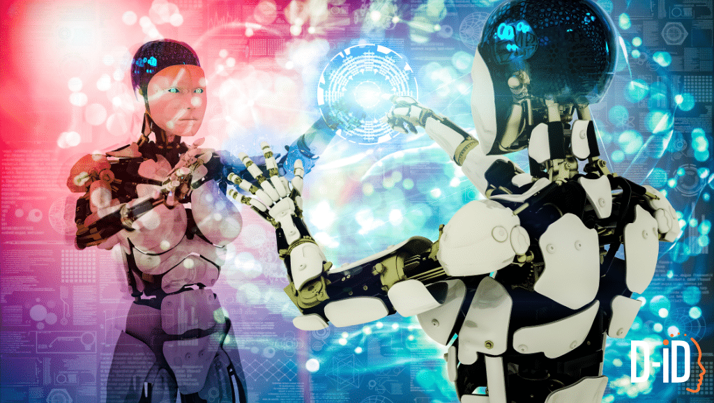 Two humanoid robots interact with a glowing digital interface against a background of technology-themed graphics, highlighting the innovation behind an AI generated avatar.