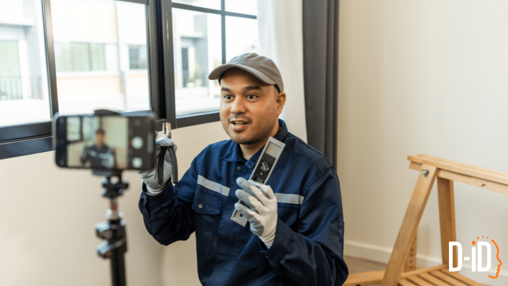 A person in work attire and gloves sits indoors, holding tools and facing a smartphone on a tripod, possibly recording a how-to video for e-learning. The D-ID logo is visible in the corner.