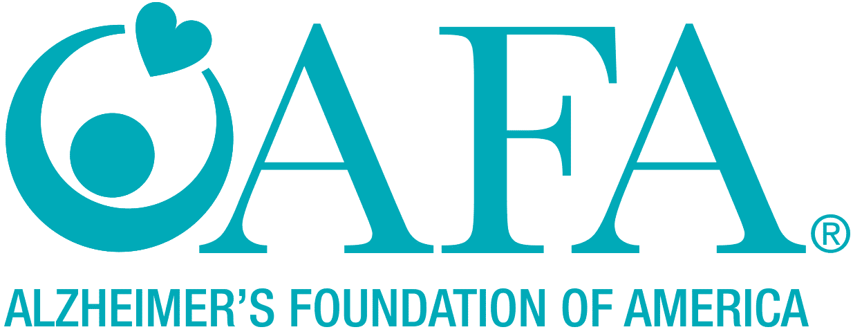 Alzheimer's Foundation of America logo with stylized turquoise "AFA" and text "Alzheimer's Foundation of America" below, highlighting support resources like an Alzheimers virtual assistant.