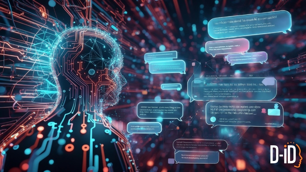 A digital human figure in profile is surrounded by floating chat bubbles and data streams, suggesting communication or artificial intelligence interaction, enhanced by AI Clone Voice technology, with a "D-ID" logo in the corner.