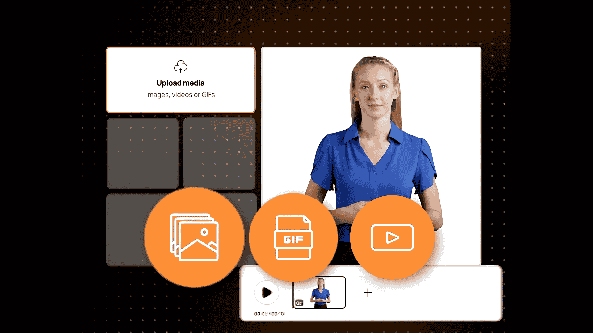 A woman in a blue shirt stands in front of a white background, with media upload and playback icons overlaid on a digital interface, highlighting tools to study media uploads.