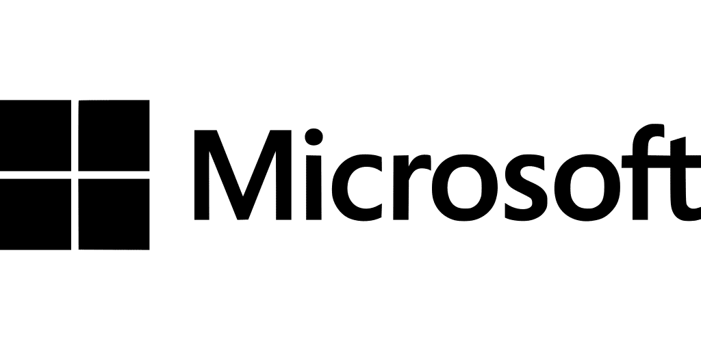 The image shows the Microsoft logo, featuring four black squares forming a window next to the word "Microsoft" in black text.