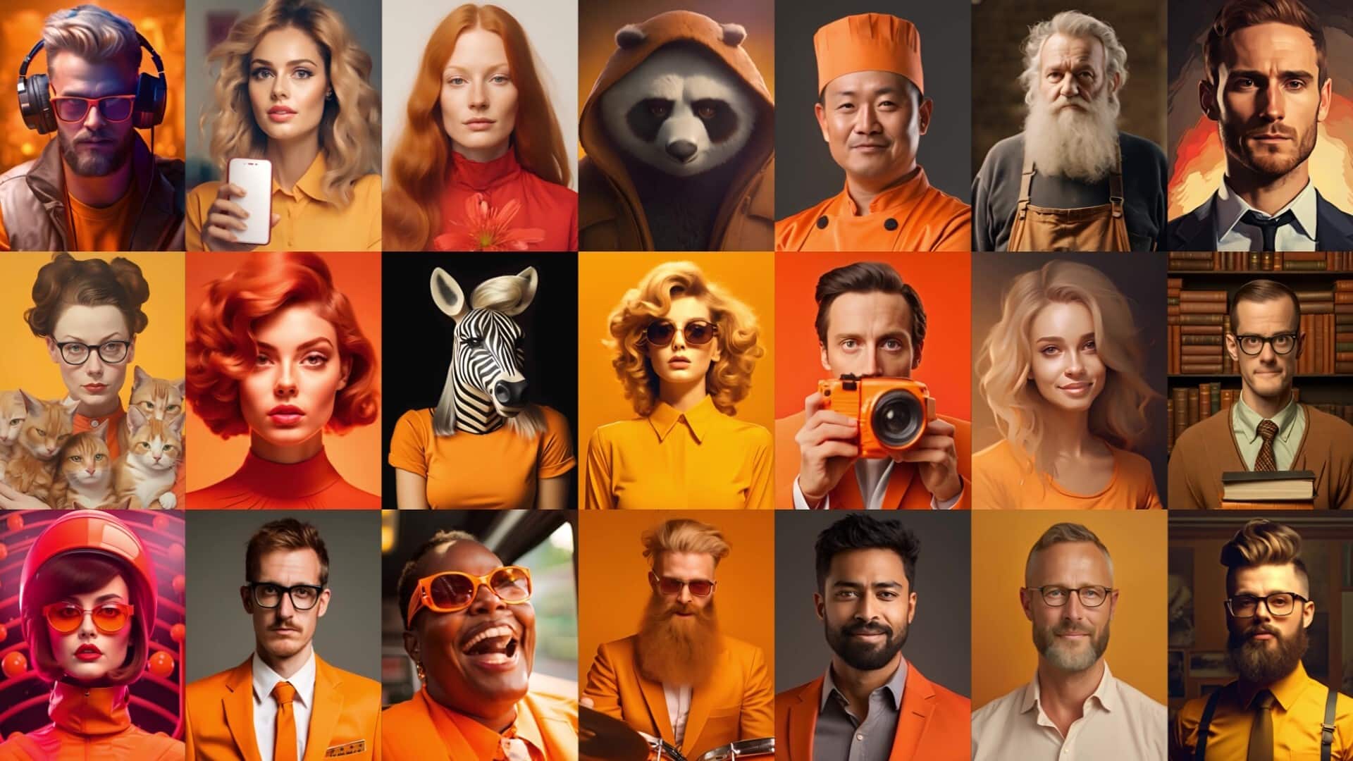 A grid of 20 portraits features diverse people, AdAge ai avatars, a zebra, a raccoon, and two cats as unique brand spokespeople, all dressed in orange attire against vibrant orange-themed backgrounds.
