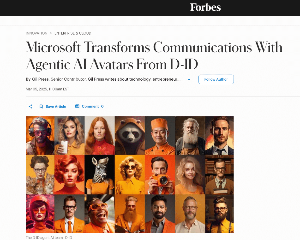 A Forbes article titled “Microsoft Transforms Communications With Agentic AI Avatars From D-ID” features a grid of diverse, colorful AI-generated avatar portraits powered by Microsoft Azure AI-powered digital humans.
