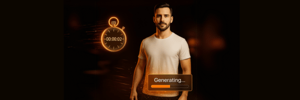 A man in a white t-shirt stands beside a digital stopwatch and a loading bar labeled "Generating" on a dark background.