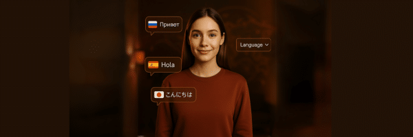 A woman stands facing the camera with floating speech bubbles displaying greetings in Russian, Spanish, Japanese, and an English language dropdown menu.