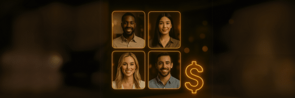 Four professional headshots arranged in a grid with a glowing dollar sign icon beside them, set against a blurred dark background.