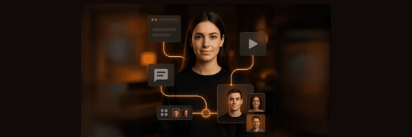 A woman stands in front of a dark background with glowing digital icons and profile pictures connected by lines, suggesting communication or social networking.