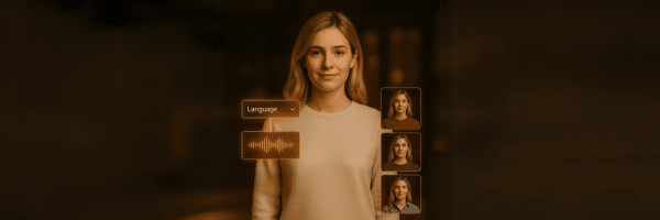 A woman stands facing the camera with digital interface elements next to her, displaying language options and different profile images.