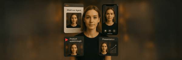 A woman stands facing the camera with four digital screens around her, each showing her image for different activities: meeting an agent, a video call, product walkthrough, and presentation.