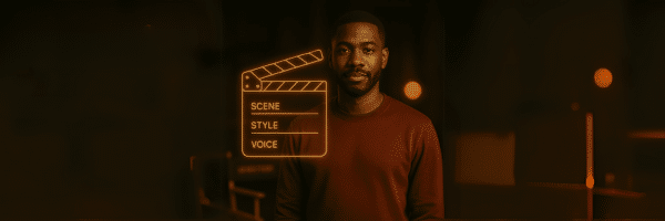 A man stands in dim lighting with a glowing digital film clapperboard overlay showing "Scene," "Style," and "Voice.